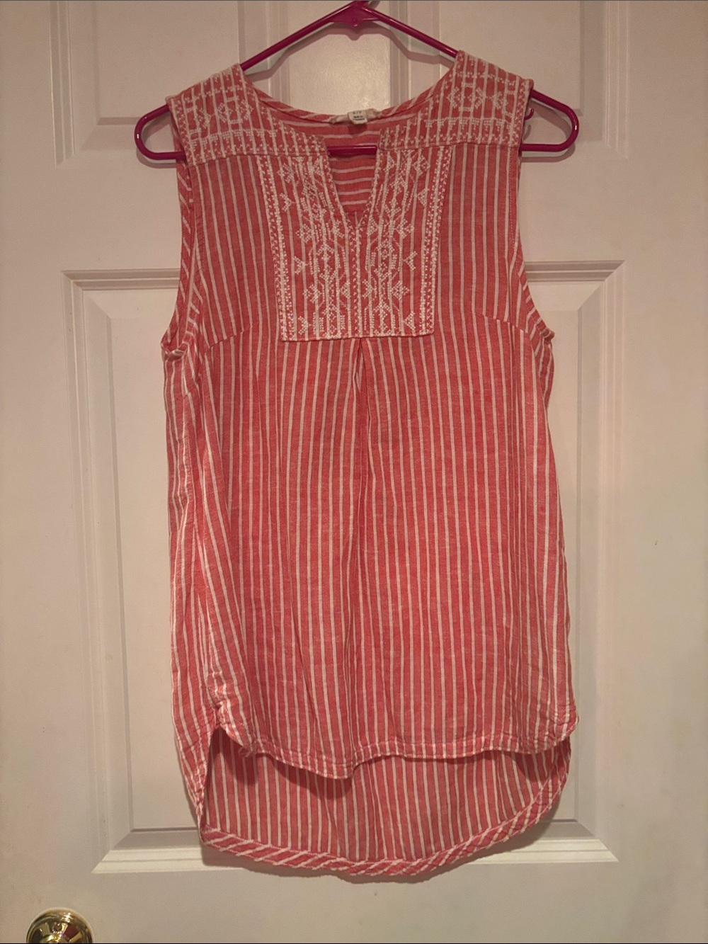 beachlunchlounge Coral and White Striped Sleeveless Embroidered Yoke Tank | Sm/P